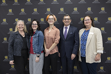 from left: Catherine Kaukinen, Dean of RCHSS; Amy Barrow, United Way’s Sr. Director for Homelessness and Community Engagement; Journey Honors College student Haley Bufka; Aaron Goldman, President and Co-Owner, Perennial Properties and Founder and Board Chairperson, Open Doors; and Dr. Karen Kornweibel, Dean, KSU Journey Honors College