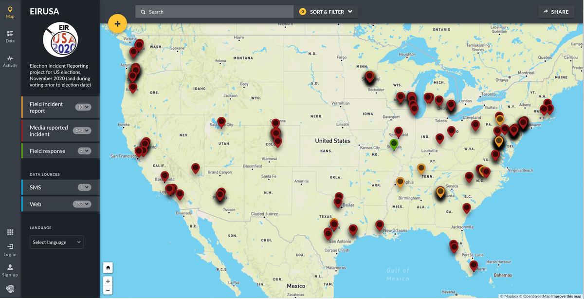A crisis map of the United States, documenting violent incidents between October and December 2020. Trust Network, CC BY
