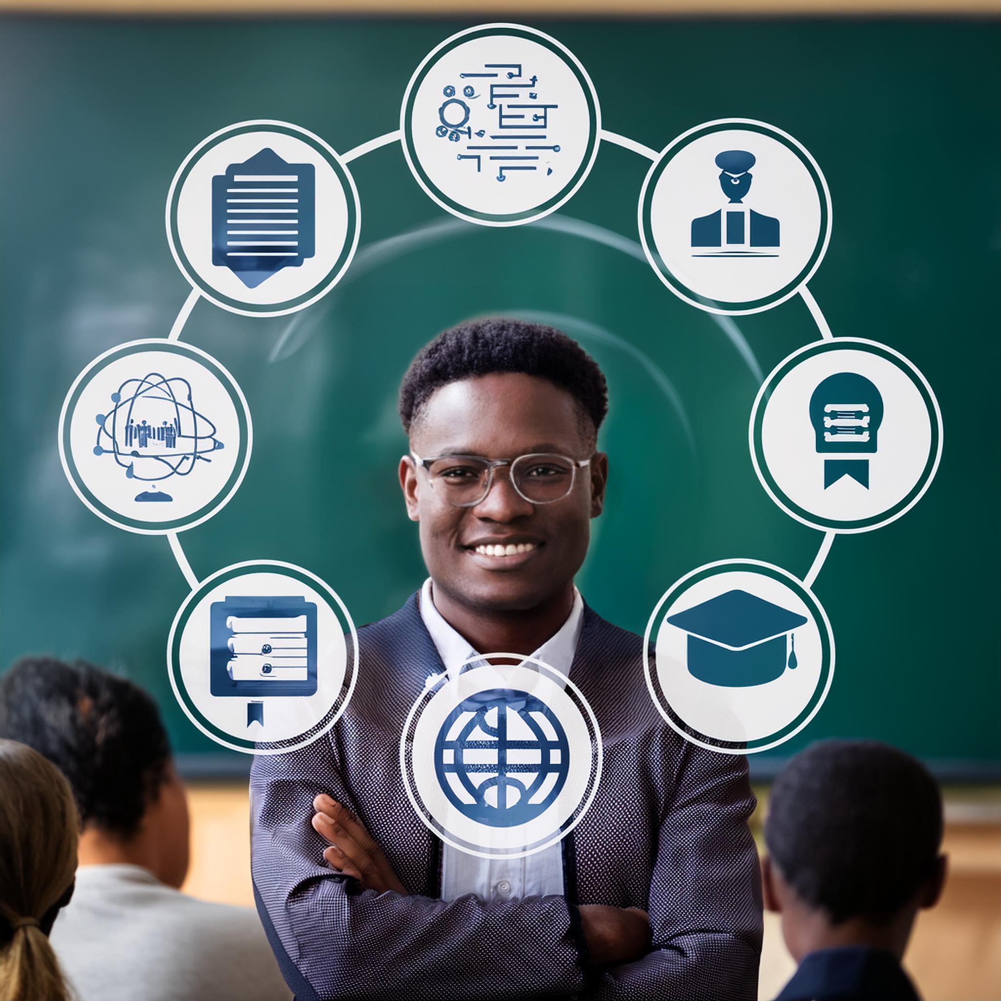 Teacher in fromt of students with icons of resources around his head