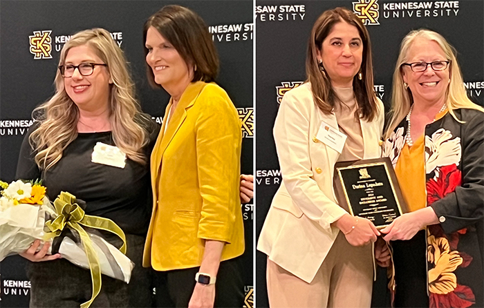 Sara Evans with KSU President Kathy Schwaig and Darina Lepatatu with the Dean of the Norman J. Radow College of Humanities and Social Sciences Catherine Kaukinen